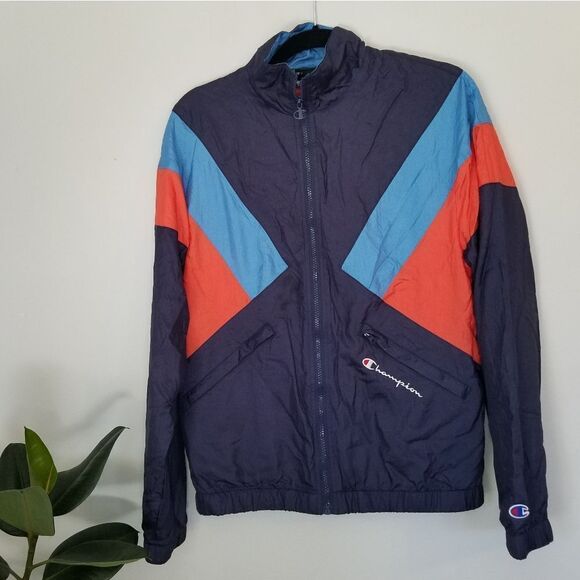 Vintage Champion Navy Striped Nylon Warmup Windbreaker Jacket Imperial Indigo - Picture 6 of 13